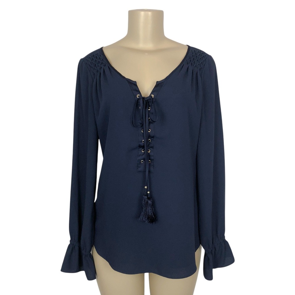 WHBM Navy Blue Lace Up Tassel Tie Front Blouse Peasant Top Size 4 Boho Office